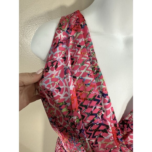 Cynthia Rowley 6 Pink Lattice Garden V Neck Hi Low Hem Pleated Sleeveless Dress - Picture 2 of 9